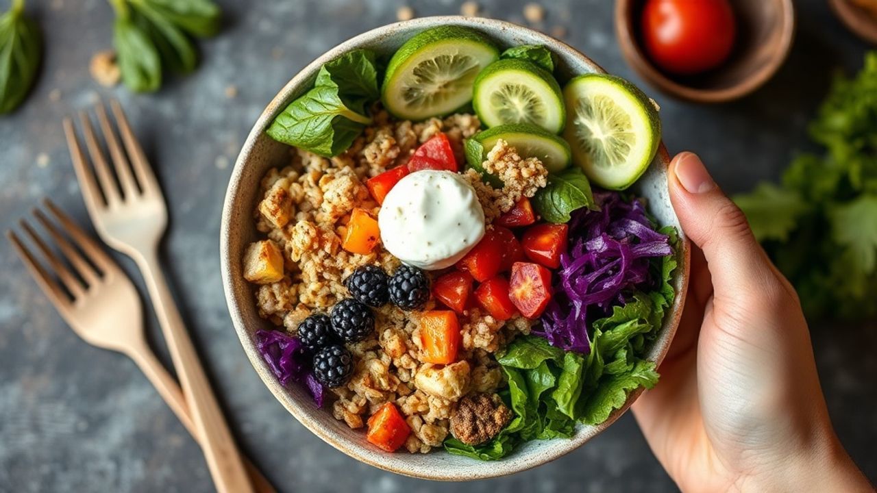 أطباق نباتية غنية بالبروتين بألوان زاهية: حبوب، خضار، توفو، بذور، طبق صحي مغذٍ