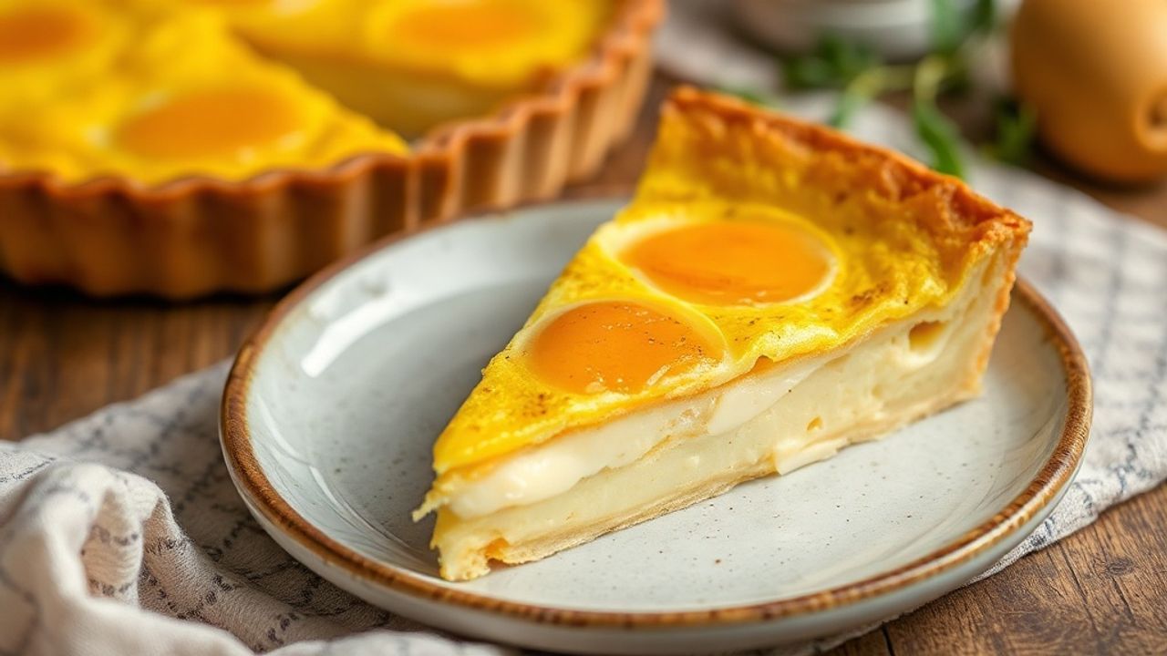 فطيرة عجة البطاطس الذهبية الفرنسية مقطعة تقدم ساخنة مع أعشاب طازجة وطبقة ذهبية مقرمشة