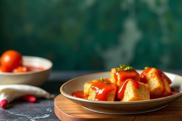 توفو مغطى بصلصة غوتشوجانغ برتقالية لامعة، مُقدّم على طبق جذاب