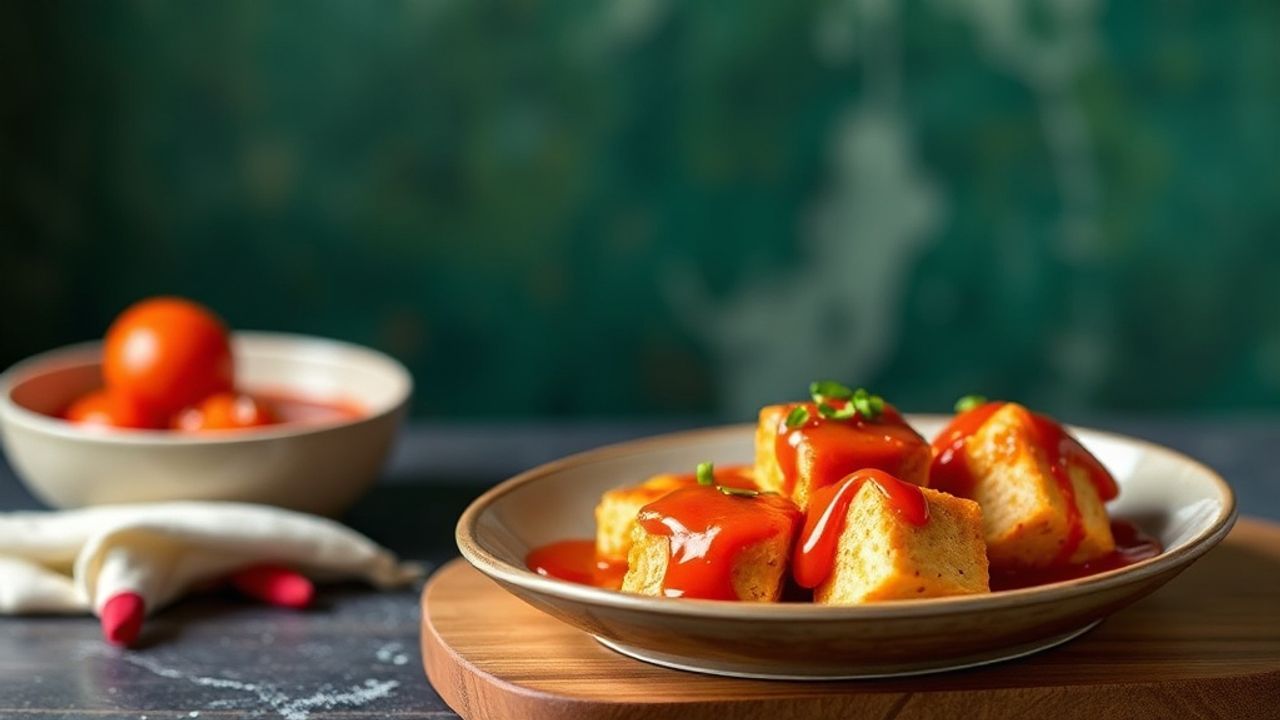 توفو مغطى بصلصة غوتشوجانغ برتقالية لامعة، مُقدّم على طبق جذاب