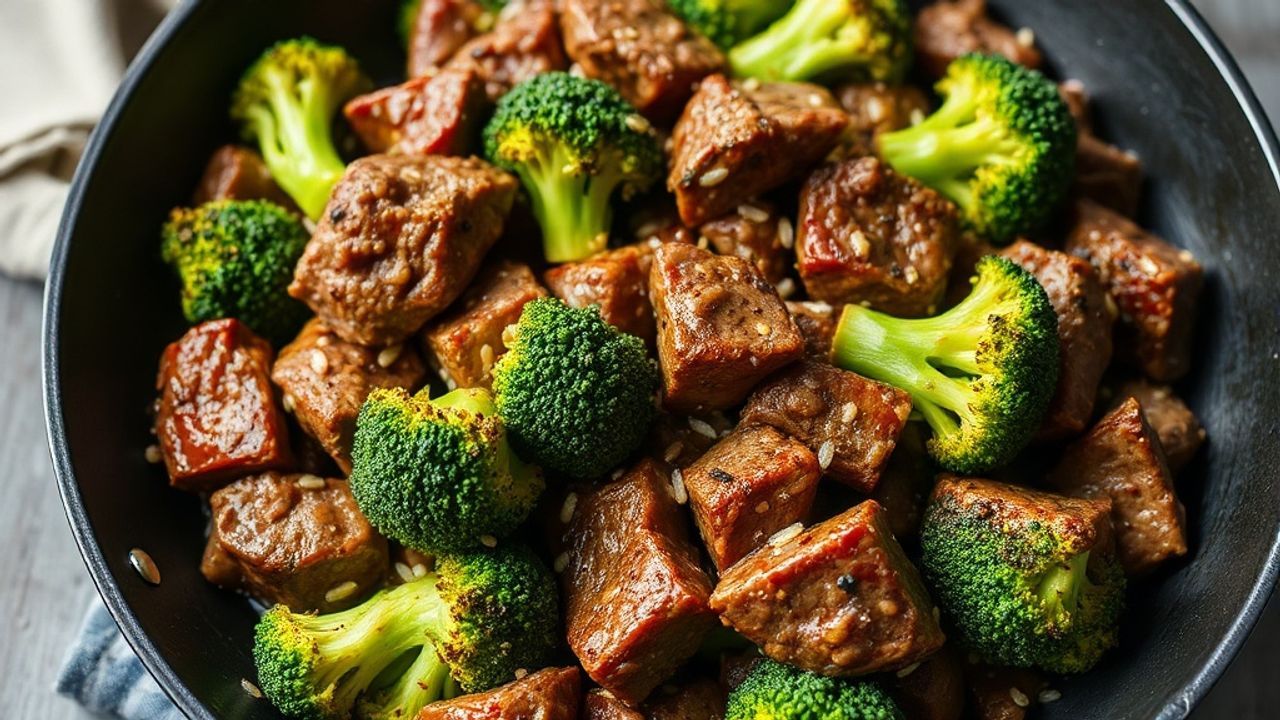 مقلاة لحم بقري وبروكلي غنية بالبروتين، وجبة سريعة ومغذية