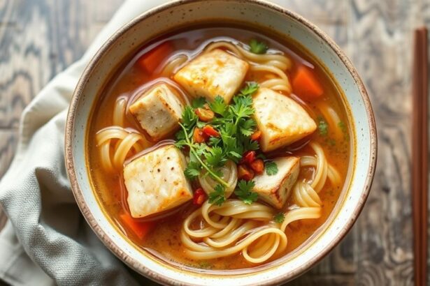 شوربة سمك ونودلز مغذية مع أعشاب بحرية وقطع سمك طرية