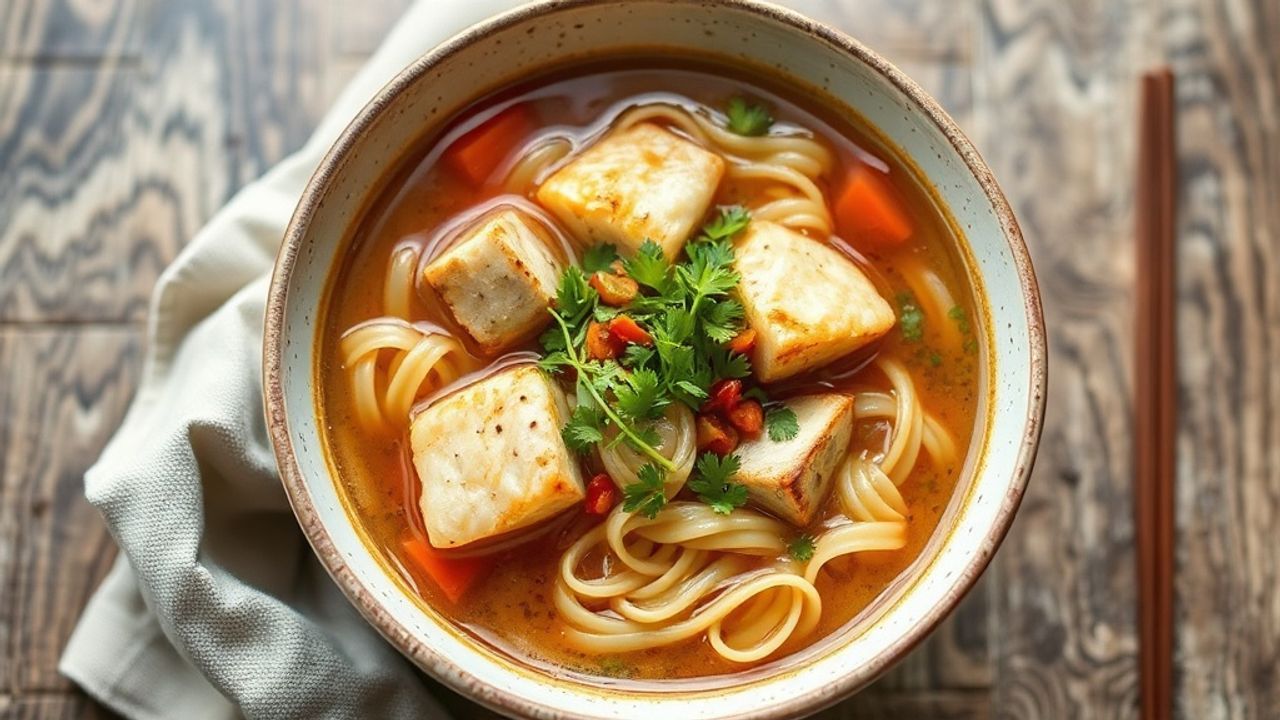 شوربة سمك ونودلز مغذية مع أعشاب بحرية وقطع سمك طرية