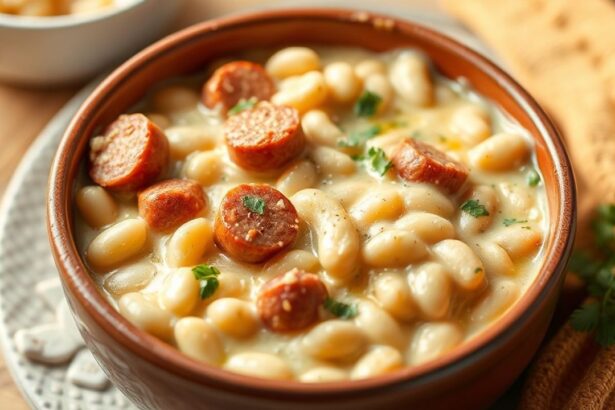 صينية فاصوليا بيضاء دافئة مع سجق دجاج شهي وطبقة ذهبية