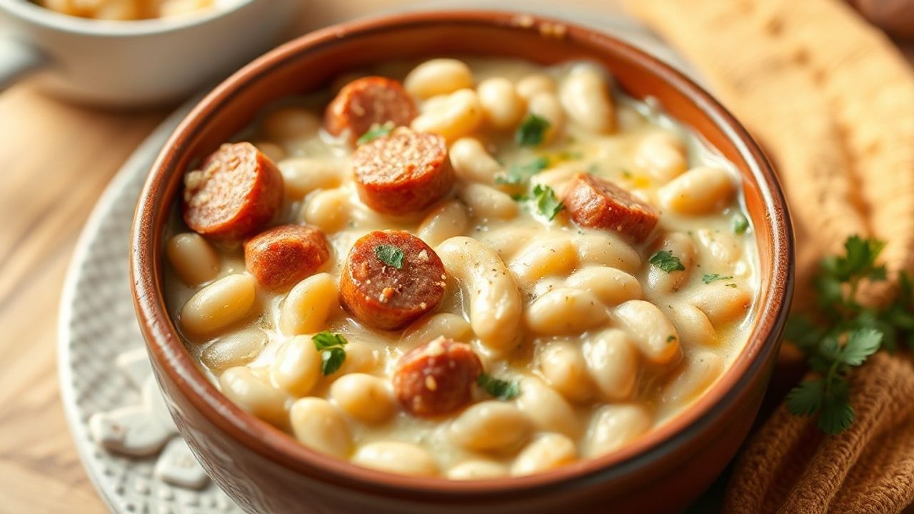 صينية فاصوليا بيضاء دافئة مع سجق دجاج شهي وطبقة ذهبية