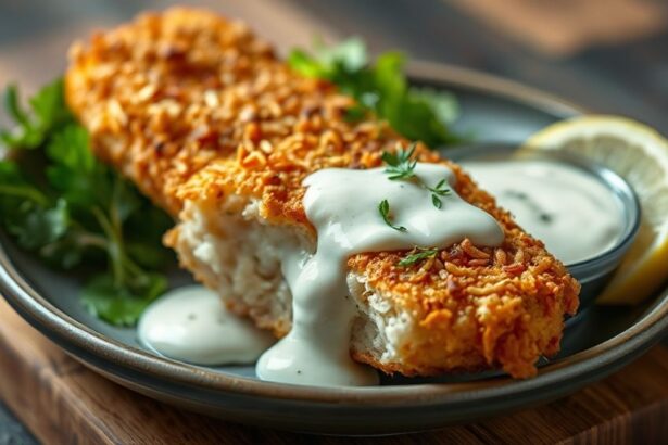 سمكة مقلية مقرمشة مغطاة بصلصة جوز الهند والأعشاب الشهية