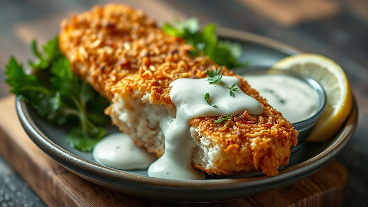 سمكة مقلية مقرمشة مغطاة بصلصة جوز الهند والأعشاب الشهية