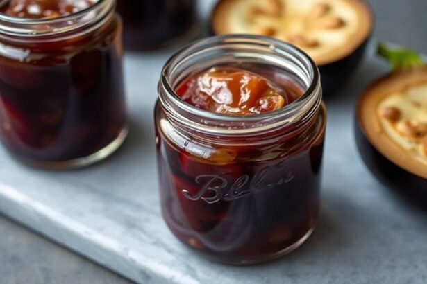 Candied Eggplant jars glistening with syrup, spoon nearby on rustic wooden board