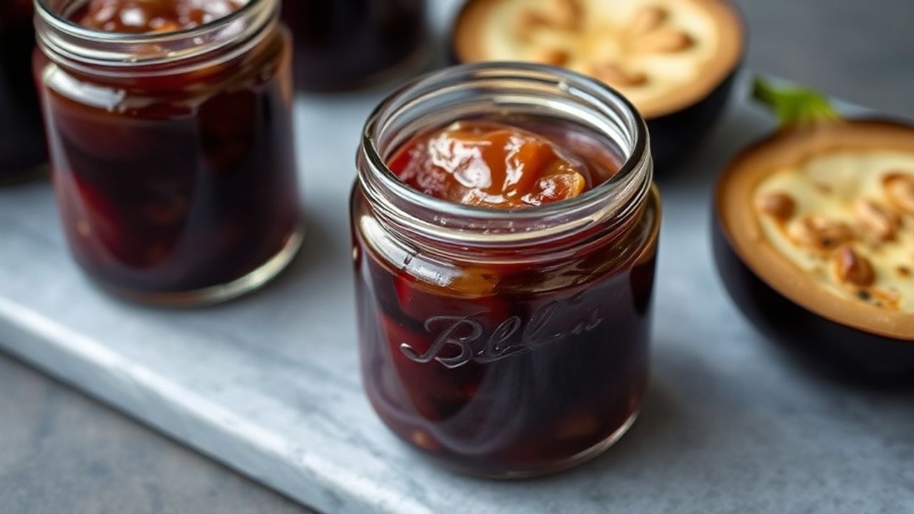 Candied Eggplant jars glistening with syrup, spoon nearby on rustic wooden board