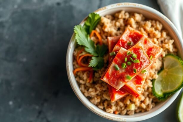 وعاء بوك تونة آهي حار على أرز بني صحي مع خضار طازجة