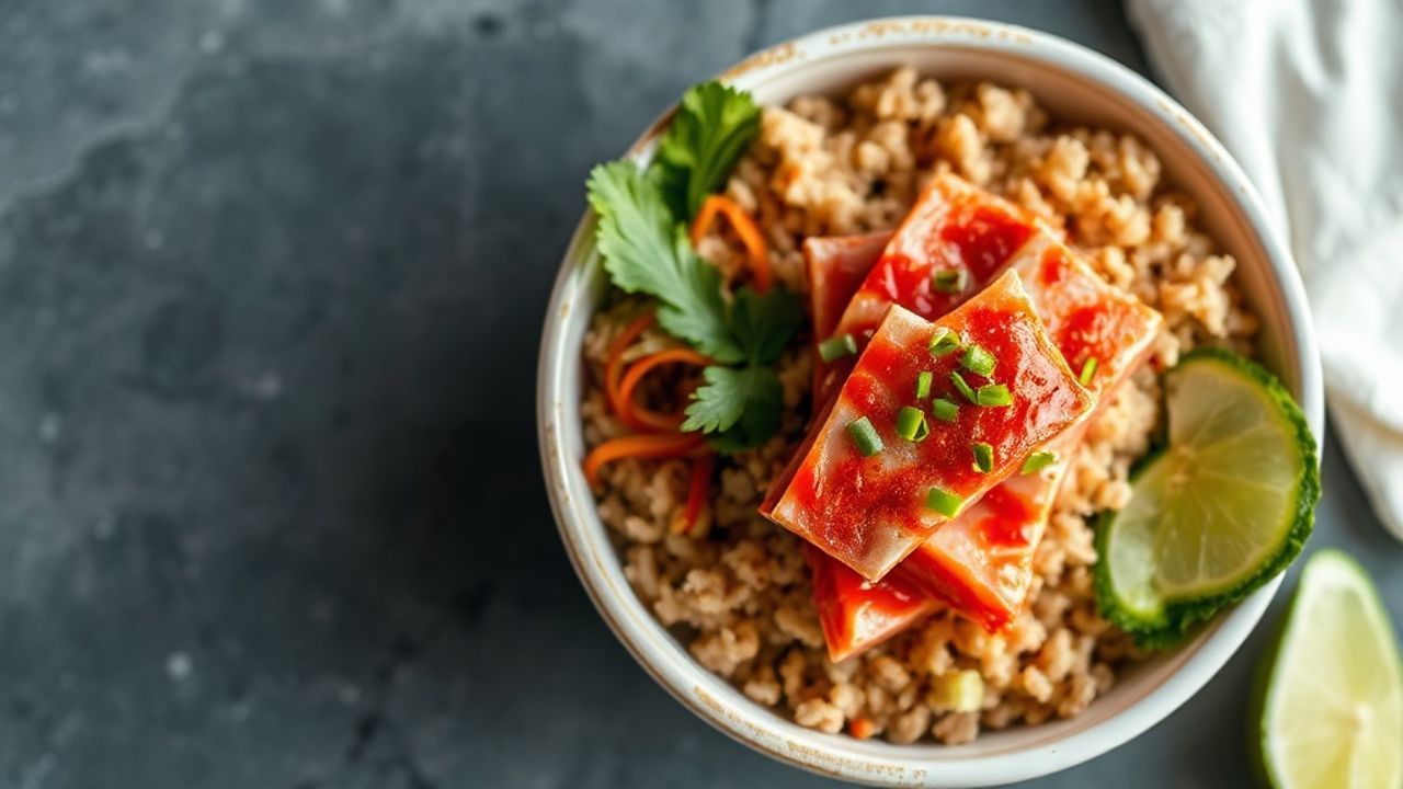 وعاء بوك تونة آهي حار على أرز بني صحي مع خضار طازجة