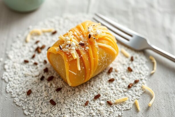 قطعة حلوى جبن ملفوفة بعجينة فيلو مع خيوط ذهبية مقرمشة