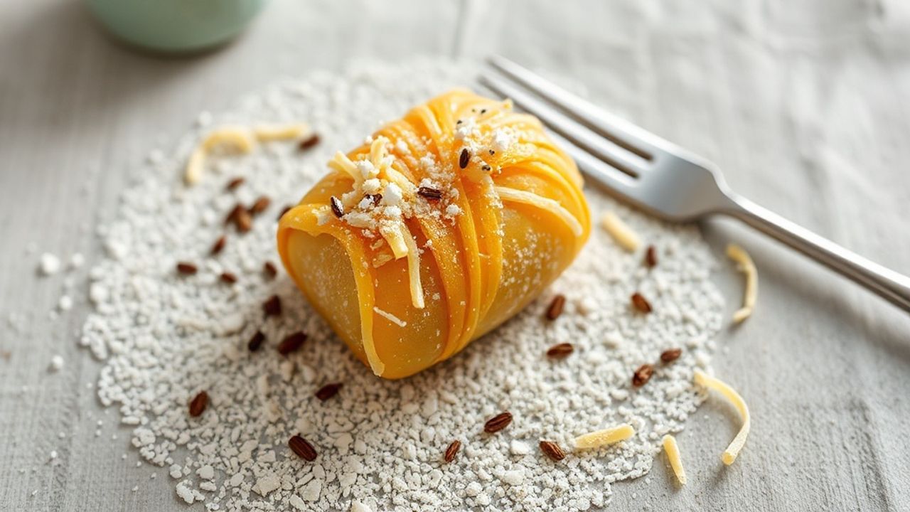 قطعة حلوى جبن ملفوفة بعجينة فيلو مع خيوط ذهبية مقرمشة