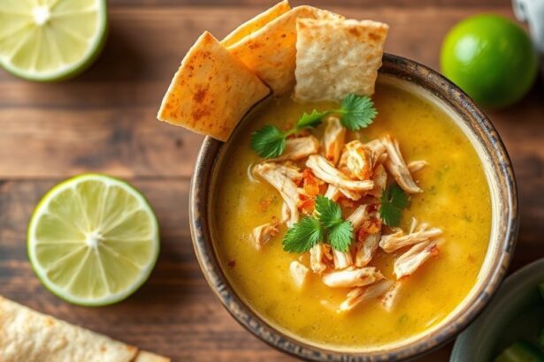 حساء دجاج بنكهة الليمون مع شرائط تورتيلا مقرمشة وزينة خضار