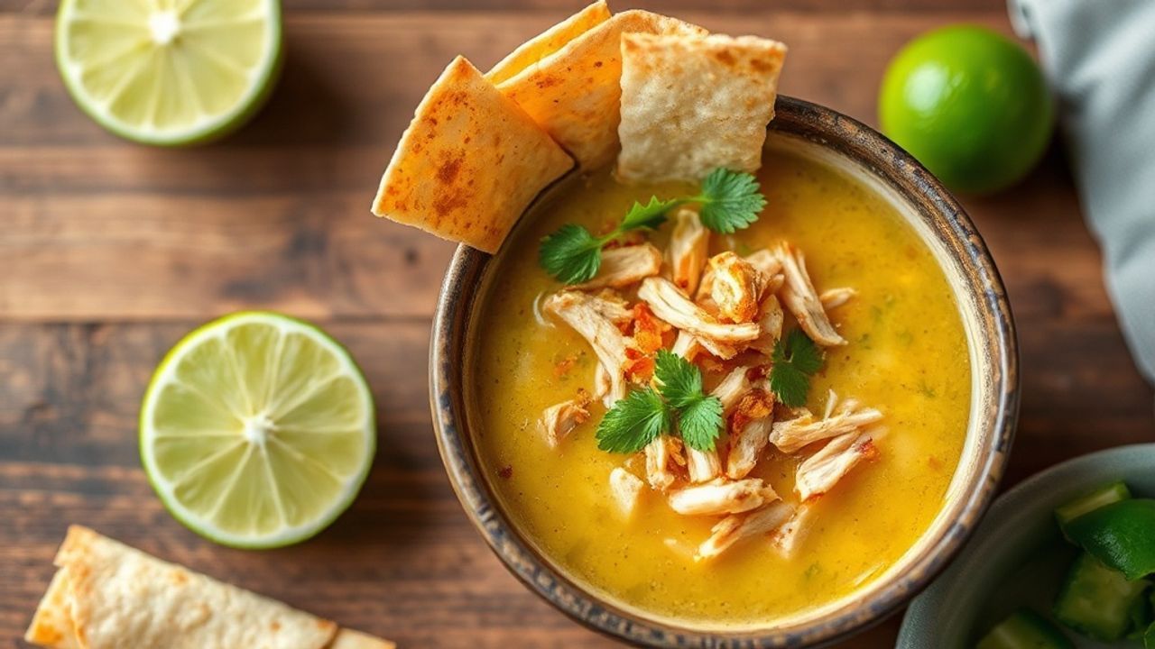 حساء دجاج بنكهة الليمون مع شرائط تورتيلا مقرمشة وزينة خضار