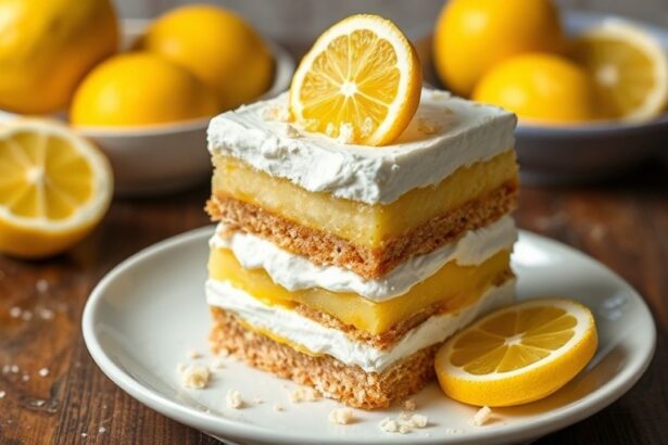 Lemon Lush layered dessert with creamy filling, graham crust, and powdered lemon garnish