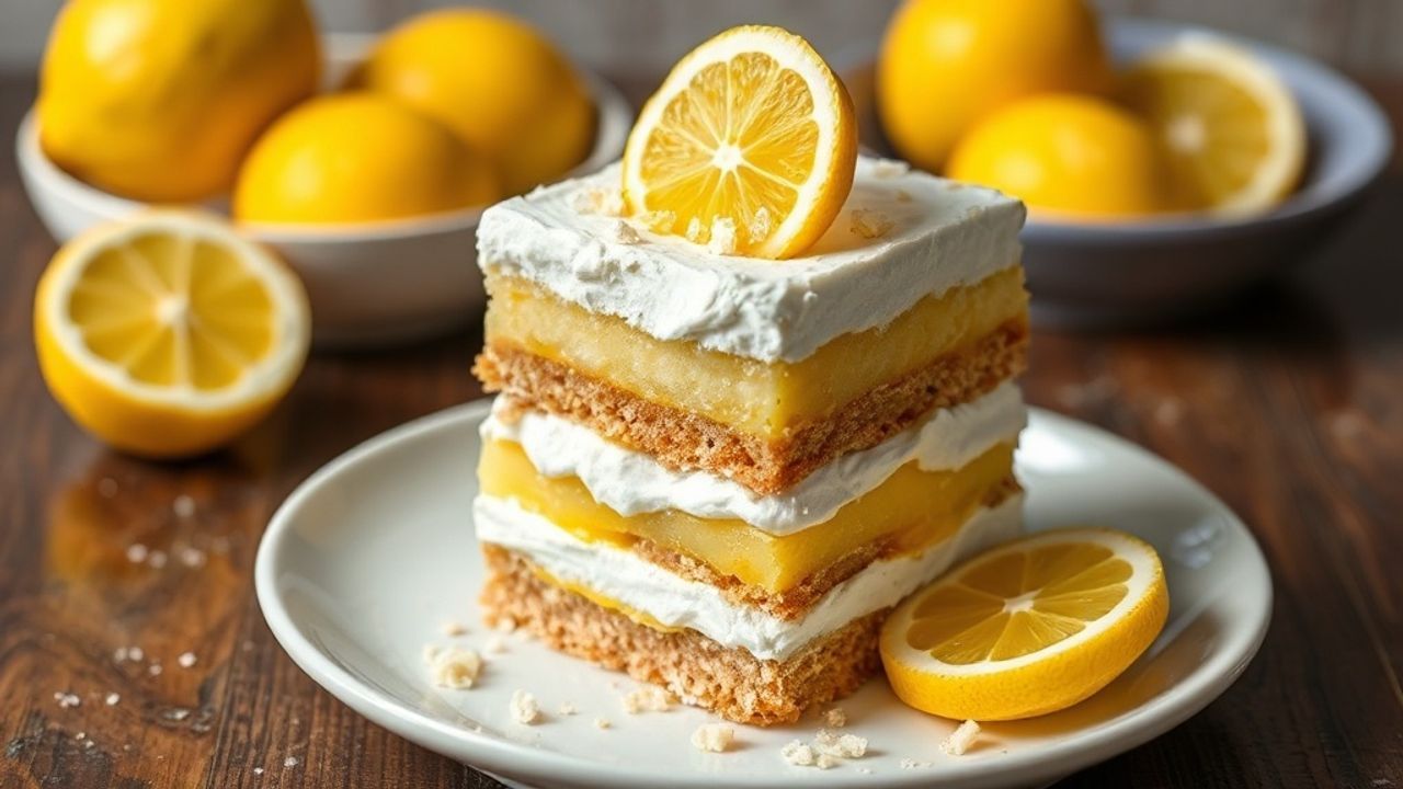Lemon Lush layered dessert with creamy filling, graham crust, and powdered lemon garnish