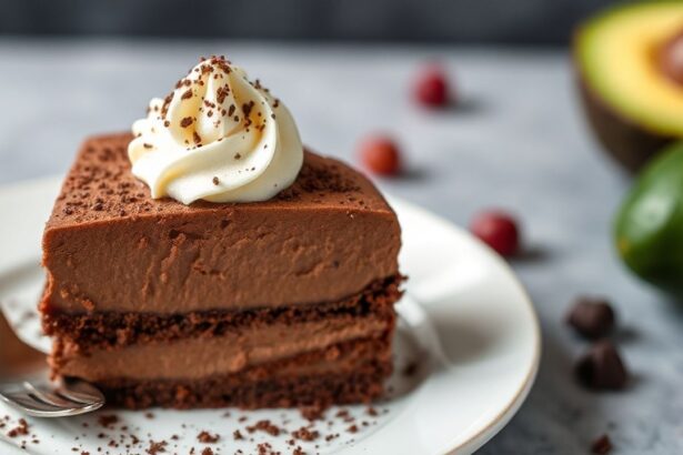 قطعة كيك موس الشوكولاتة بالأفوكادو الخالية من السكر، مظهر غني وكريمي