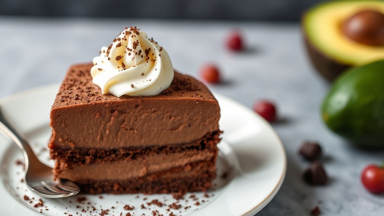 قطعة كيك موس الشوكولاتة بالأفوكادو الخالية من السكر، مظهر غني وكريمي