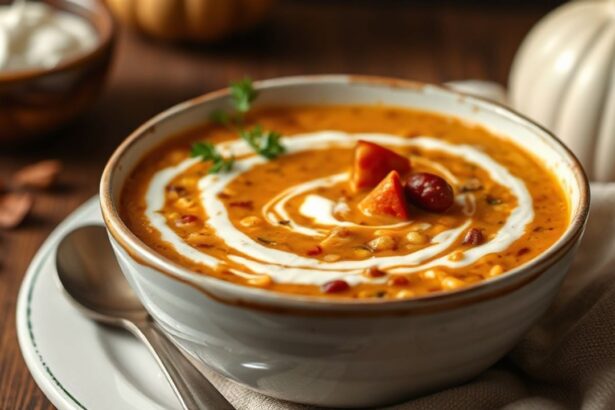 وعاء شوربة عدس دافئ مع دوامة زبادي كريمية، جو مريح