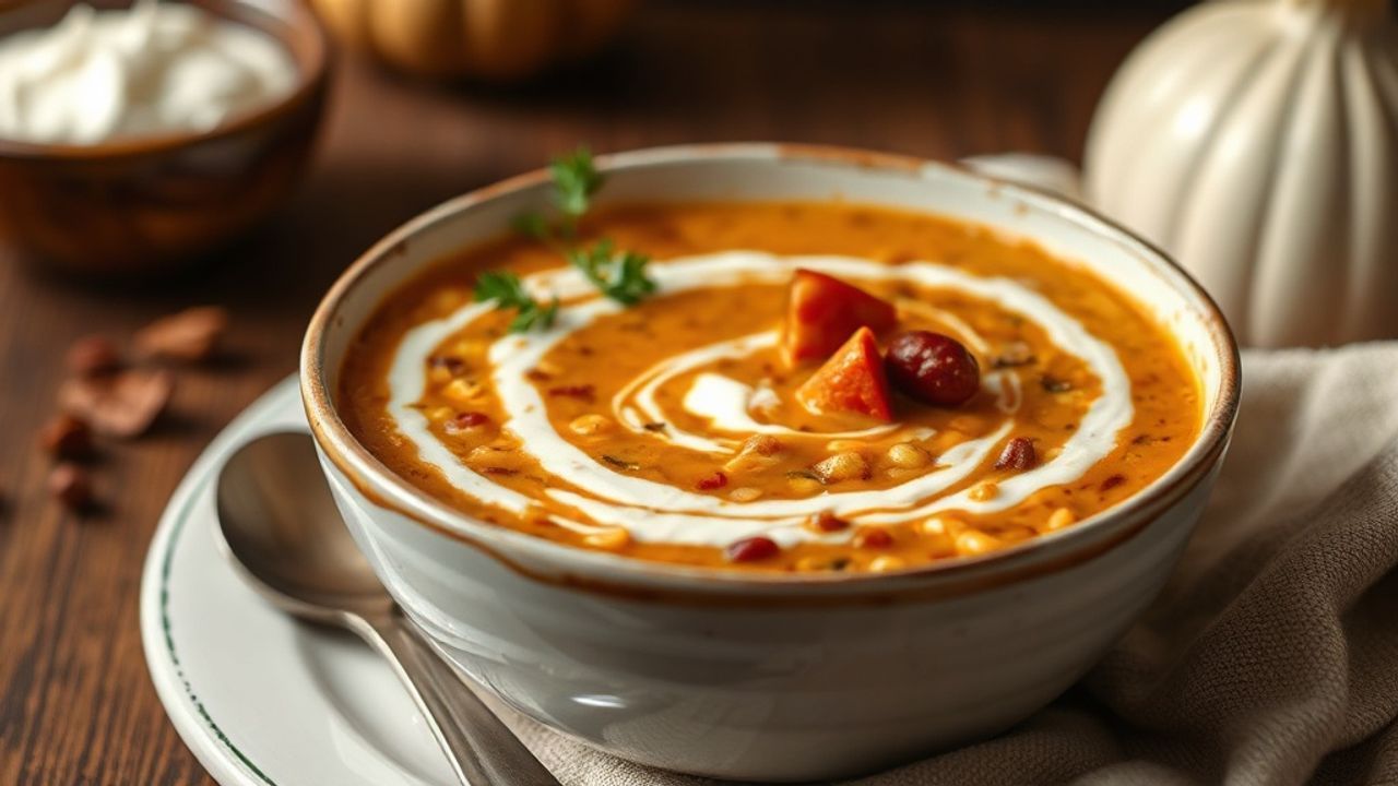 وعاء شوربة عدس دافئ مع دوامة زبادي كريمية، جو مريح