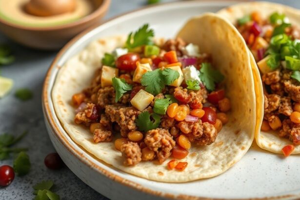 تاكوس بلحم نباتي من العدس والجوز، غني بنكهات لذيذة وطازجة