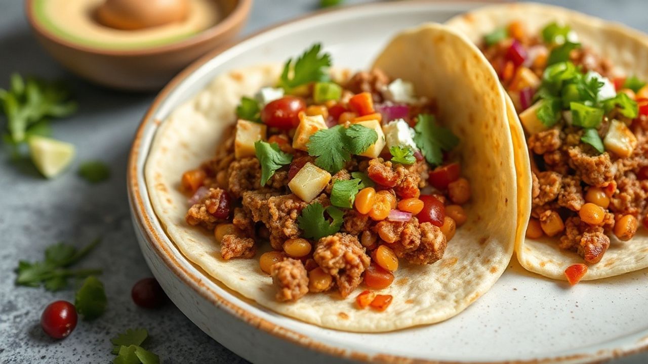 تاكوس بلحم نباتي من العدس والجوز، غني بنكهات لذيذة وطازجة