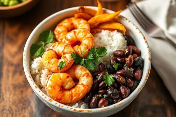 وعاء أرز بالروبيان الحار والفاصوليا السوداء مليء بالنكهات