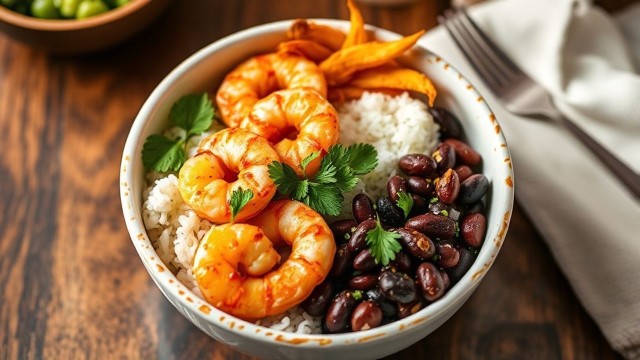 وعاء أرز بالروبيان الحار والفاصوليا السوداء مليء بالنكهات