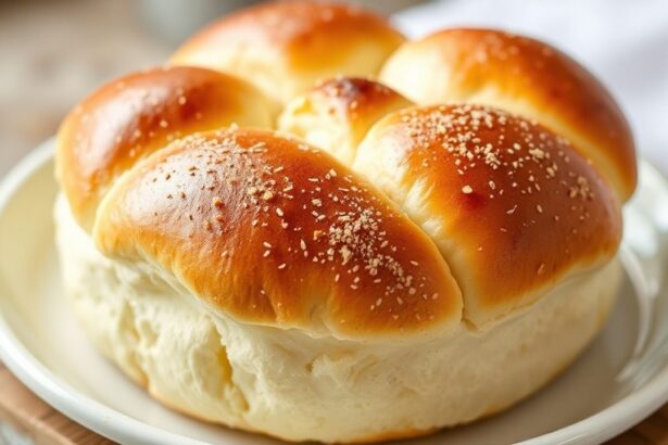 Golden fluffy brioche buns cooling on rack, soft texture hinting at perfect homemade bread.