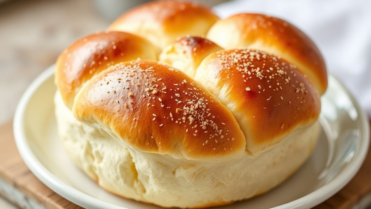 Golden fluffy brioche buns cooling on rack, soft texture hinting at perfect homemade bread.