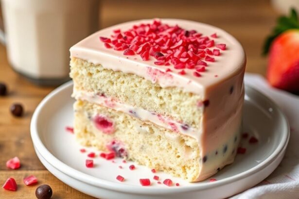 كعكة شاي حليب بوبا مزينة بحبات بوبا وكوب شاي بجانبها