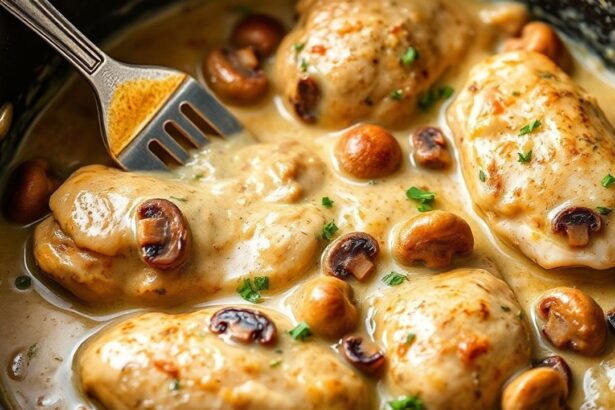 قطع دجاج كريمية بالثوم والفطر في قدر واحد، طبق سهل ولذيذ