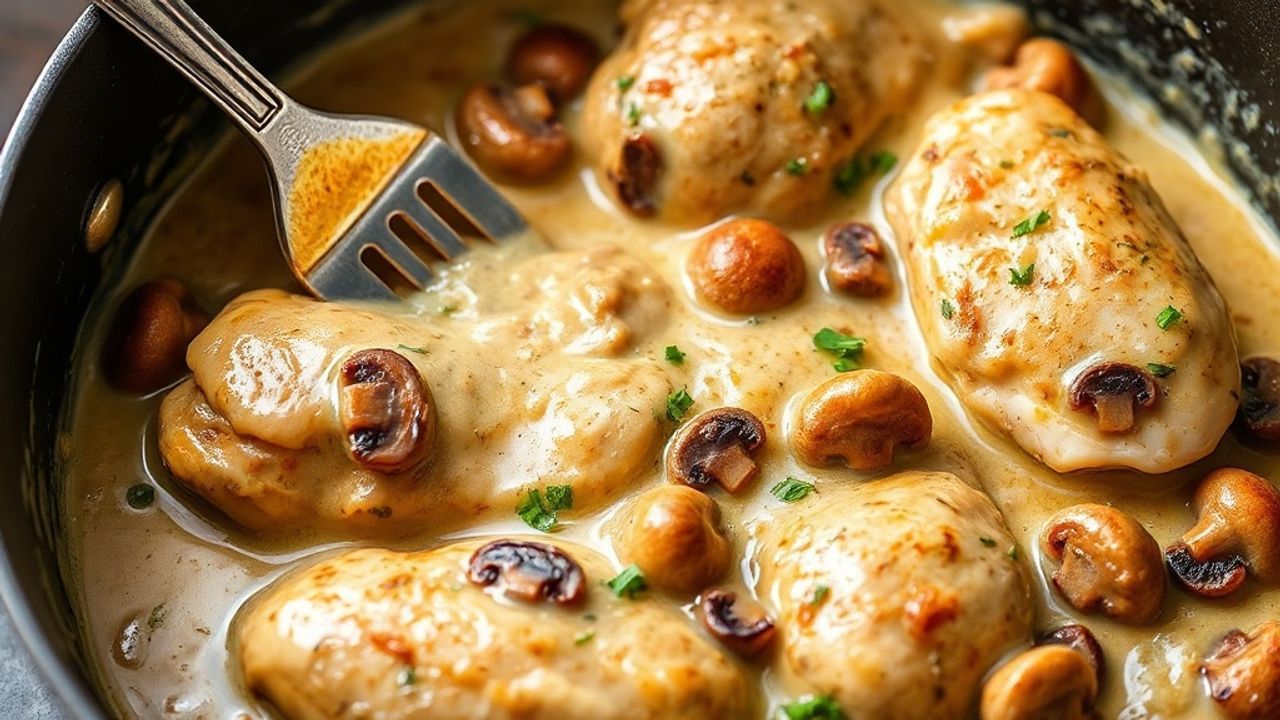 قطع دجاج كريمية بالثوم والفطر في قدر واحد، طبق سهل ولذيذ