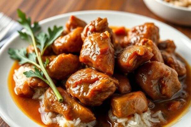 أدوبو الدجاج الفلبيني الصحي يقدم مع أرز وخضروات طازجة