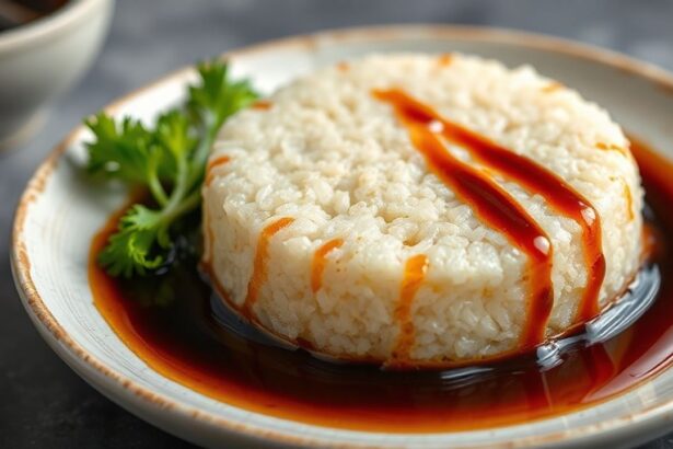 قطع كعك الأرز المقلية مغطاة بصلصة الصويا اللامعة وخضار ملونة