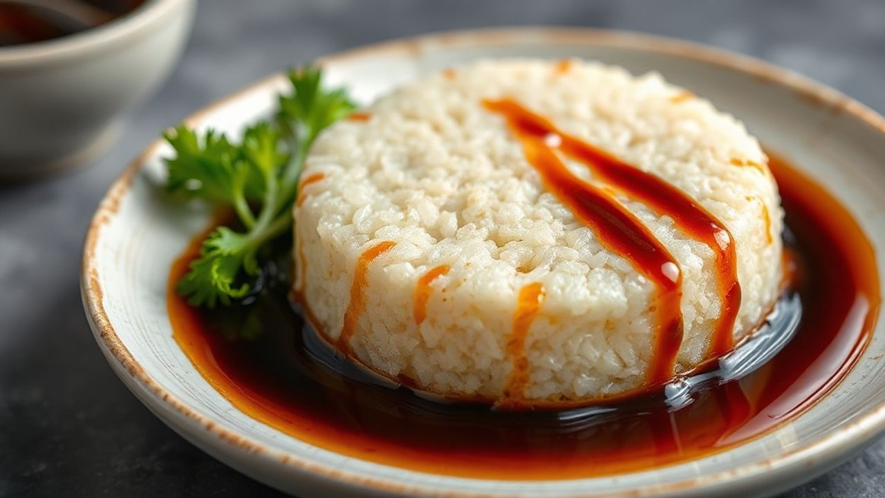 قطع كعك الأرز المقلية مغطاة بصلصة الصويا اللامعة وخضار ملونة