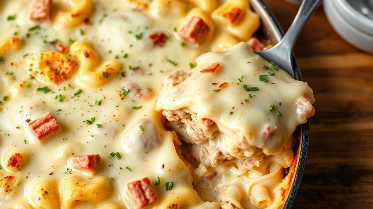 طبق باستا مخبوزة بصلصة بشامل كريمية ولحم مفروم لذيذ