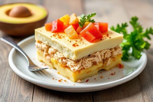 Causa Rellena with layered whipped potato, seasoned chicken, avocado slices, and lime wedge.