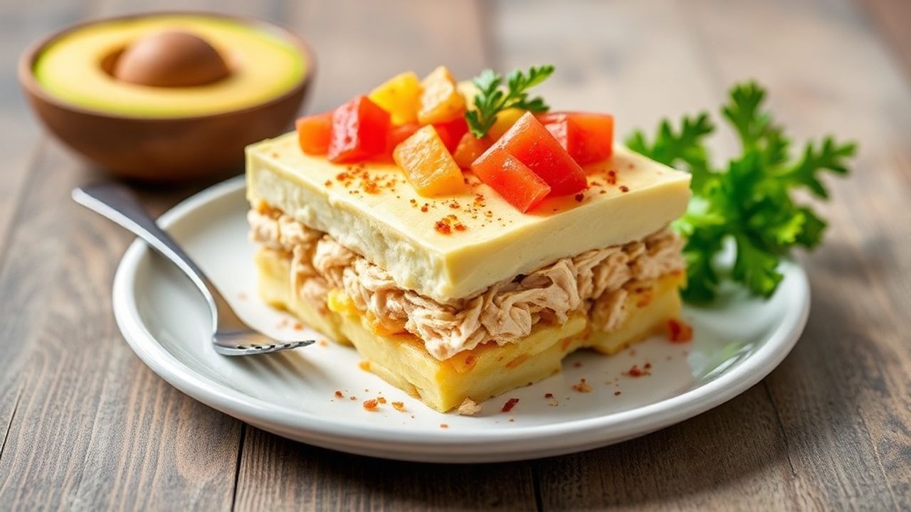 Causa Rellena with layered whipped potato, seasoned chicken, avocado slices, and lime wedge.