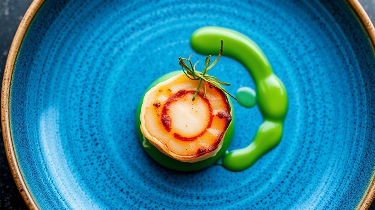 أسقلوب محمّر فوق بيوريه البازلاء مع أوراق الرامب الخضراء النابضة