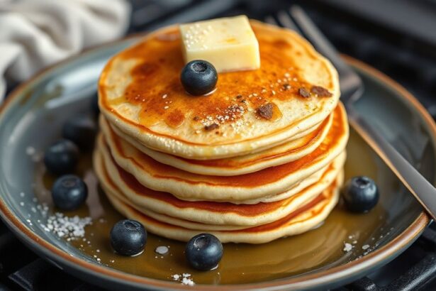 فطائر نباتية رقيقة وهشة مكدسة مع توت وشراب القيقب