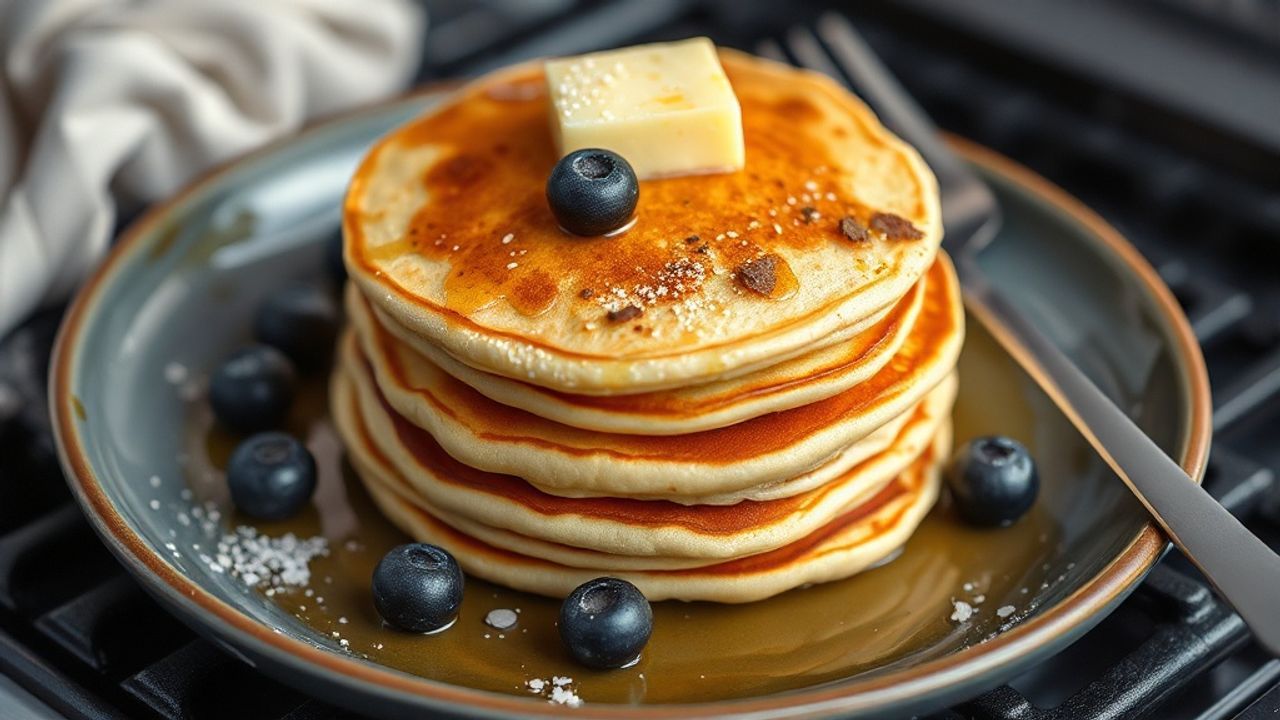 فطائر نباتية رقيقة وهشة مكدسة مع توت وشراب القيقب