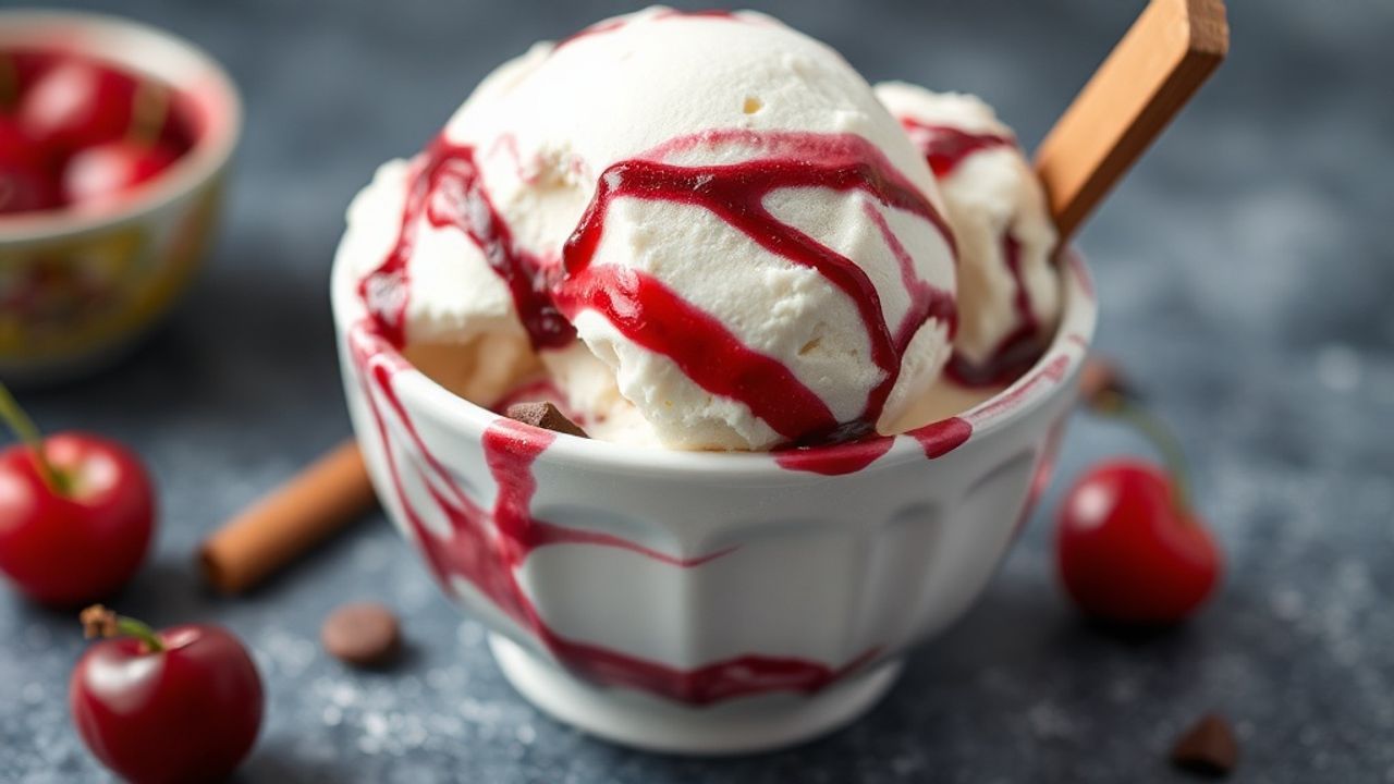 آيس كريم شيري غارسيا منزلي مع قطع شوكولاتة وكرز طازج