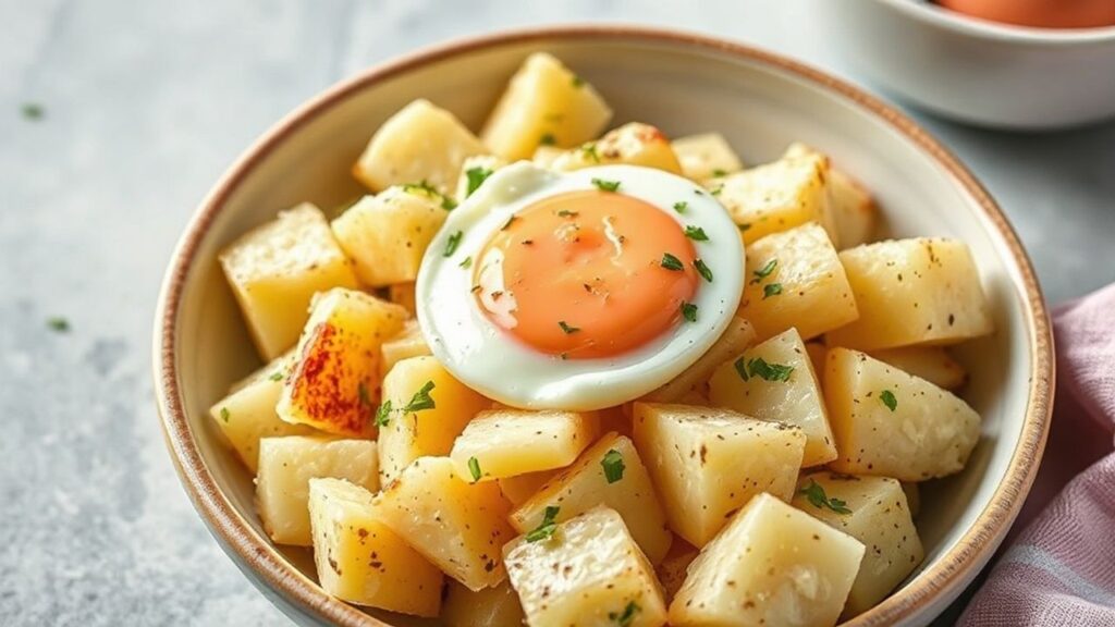 سلطة بطاطس كلاسيكية مع بيض في وعاء كريمي وشهية