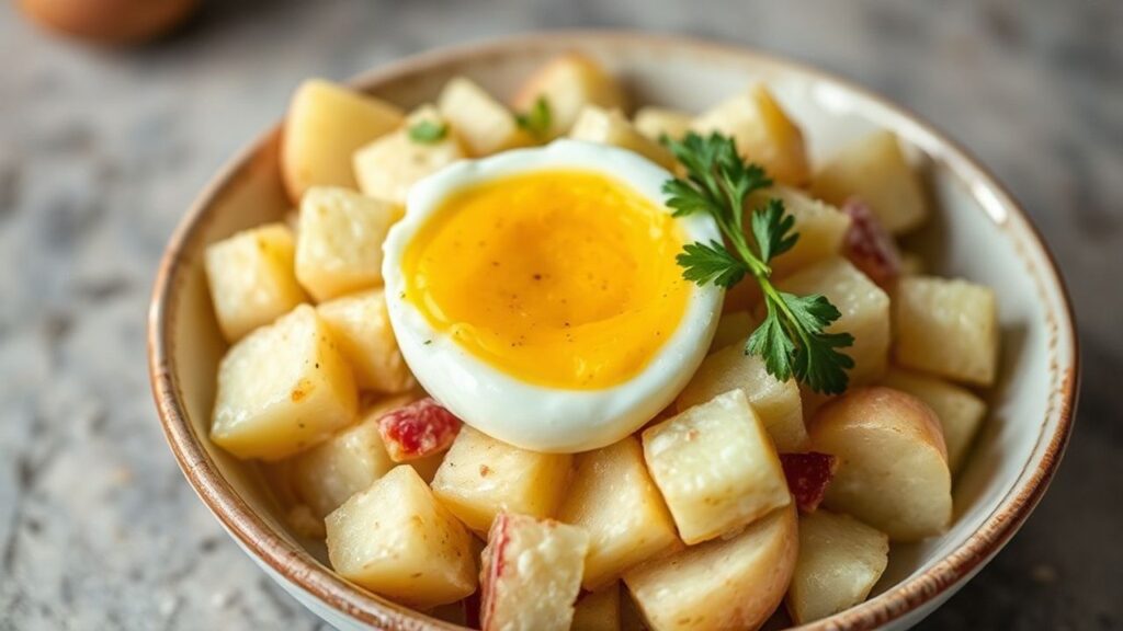 سلطة بطاطس كلاسيكية مع بيض في وعاء كريمي وشهية