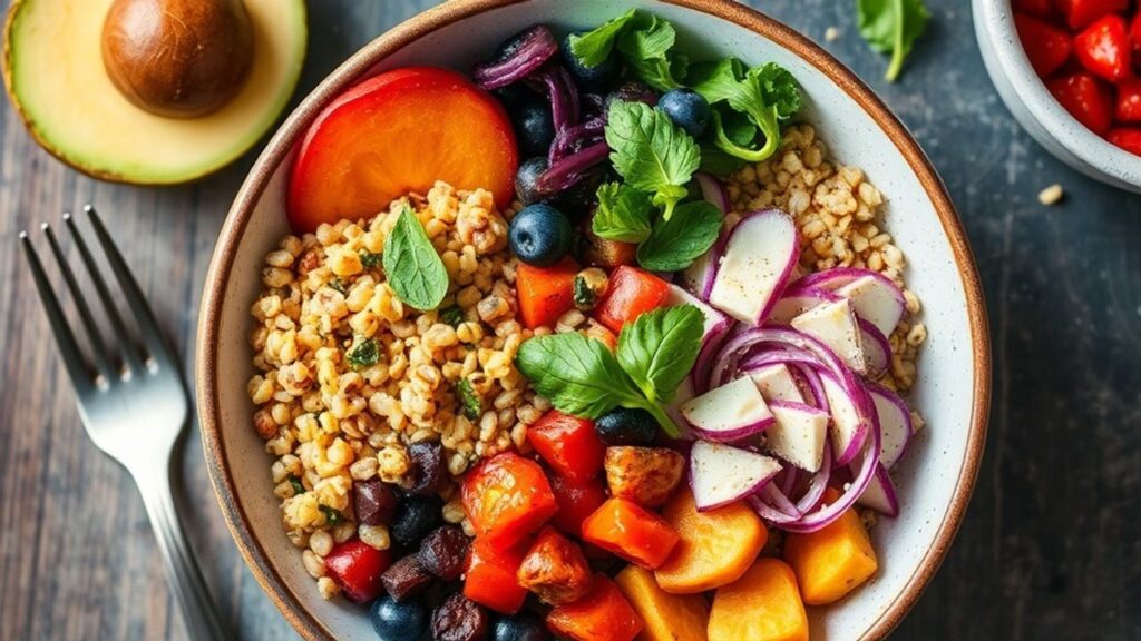 أطباق نباتية غنية بالبروتين، ألوان زاهية ومكونات طازجة لوجبة صحية ومغذية