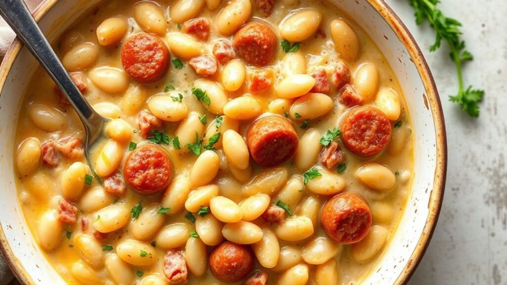 Hearty white bean casserole with savory chicken sausage