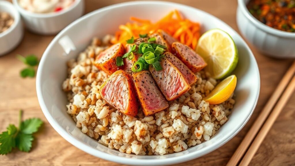 Fiery Ahi Tuna poke bowl with brown rice