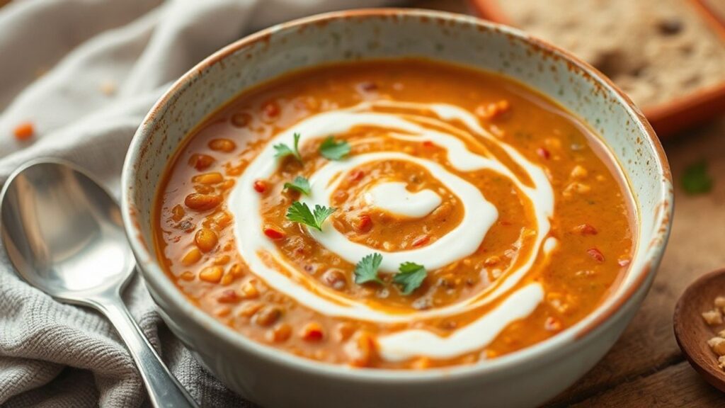 شوربة عدس دافئة مع دوامة زبادي كريمية و خبز محمص بأجواء خريفية دافئة